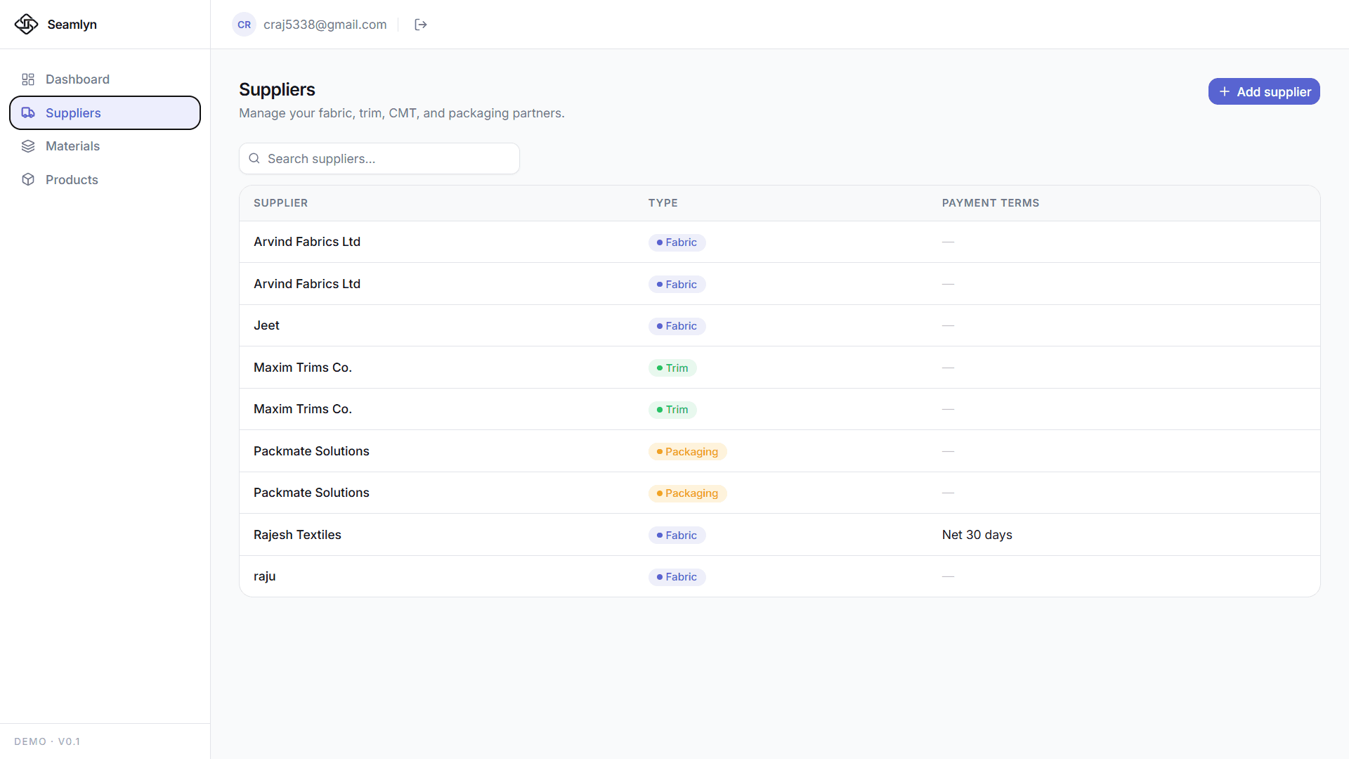 Seamlyn supplier and material management with live pricing